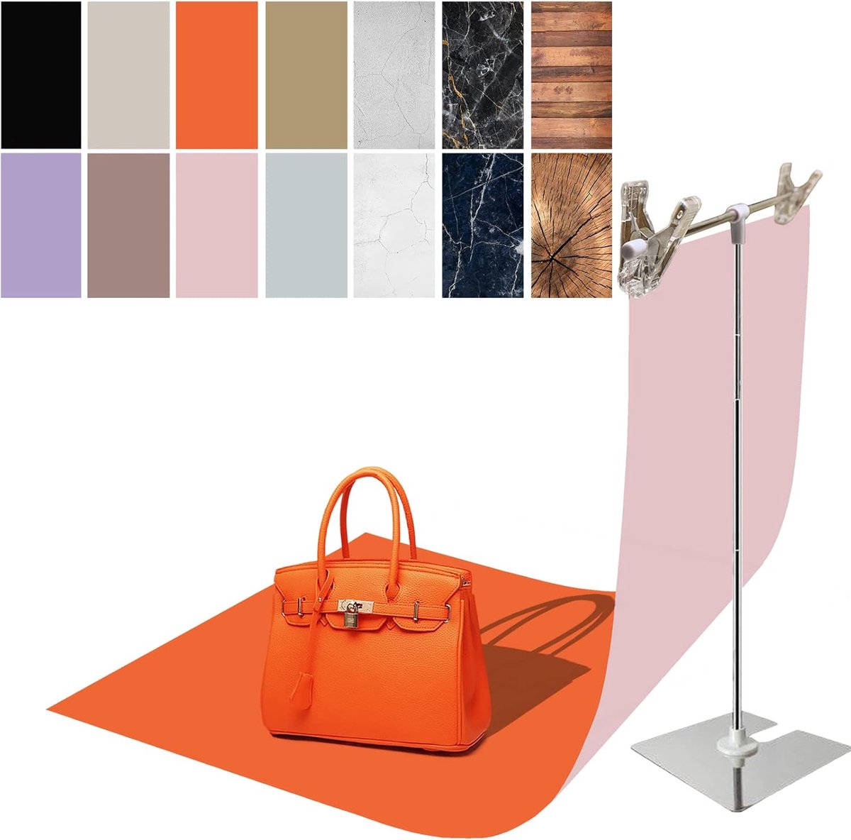 7-delige Set Fotografie Achtergrondpapier met Statief - 34 x 23 inch Dubbelzijdige Tafelachtergronden voor Foto's - 14 Patronen - Rekwisieten voor Voedsel, Sieraden, Cosmetica en Make-up (Zwart, Paars, Oranje)