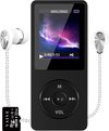 Zwarte MP3-speler met een display, een 128GB SD-kaart, witte oordopjes met gevlochten snoer.