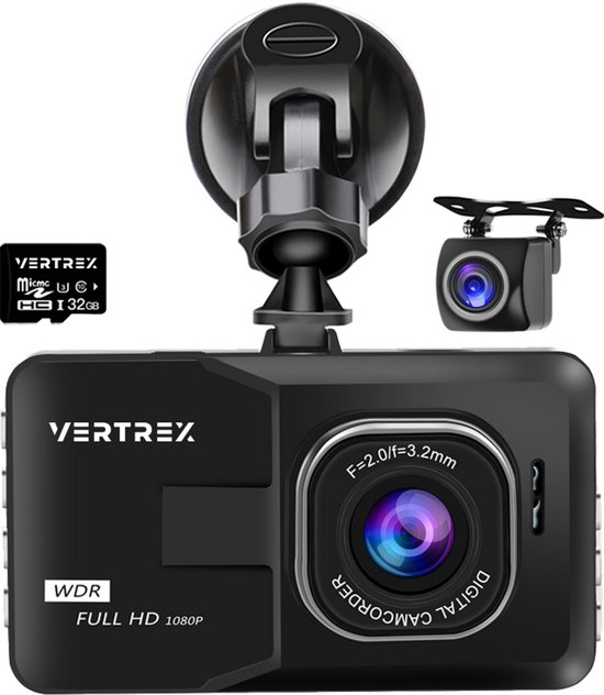 VERTREX Dashcam voor Auto 1080P Full HD - Voor en Achter - Dash cams - Nachtvisie - G-Sensor - 170° Wijdhoeklens - 3,0" LCD - Bewegingsdetectie - Loop Recording - Incl. 32GB MicroSD Kaart