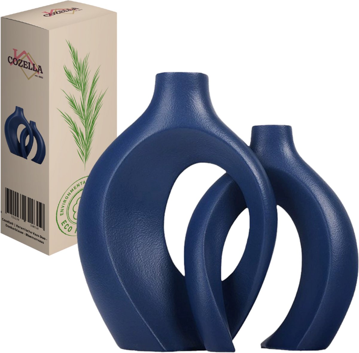 COZELLA® Vaas Duo – Bloemenvaas Keramische Vaas Set – Decoratieve Vaas – Donkerblauw