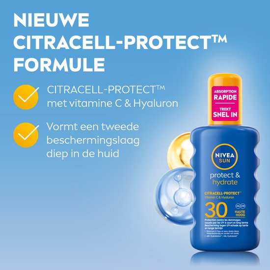 Nieuwe Citracell-Protect formule van Nivea Sun Protect & Hydrate zonnebrandspray SPF 30. Abstracte blauwe vloeistof op achtergrond.