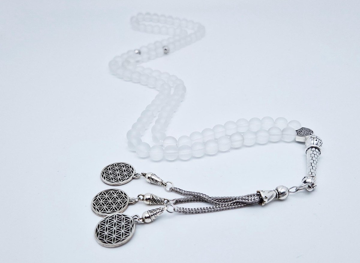 Handgemaakte tesbih "Tasbih" natuursteen "Selenite" - Aantal kralen 99 - Diameter kralen 8MM - met metaal tassel "Harmonie" - Een mooi cadeau-idee