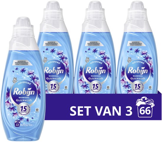 Robijn Advanced Quickwash Vloeibaar Wasmiddel - Morning Dew - voor korte wasprogramma's - 3 x 22 wasbeurten - Voordeelverpakking
