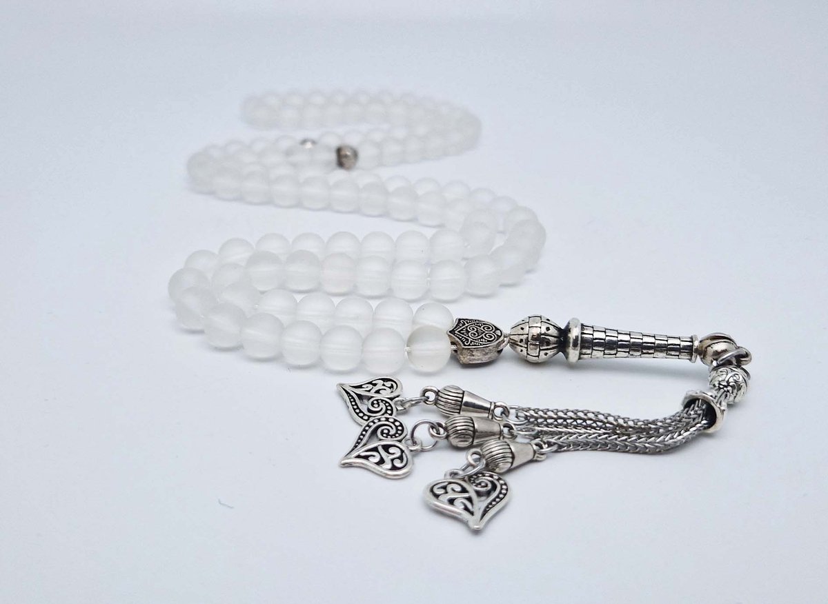 Handgemaakte tesbih "Tasbih" natuursteen "Selenite" - Aantal kralen 99 - Diameter kralen 8MM - met metaal tassel "Harten" - Een mooi cadeau-idee