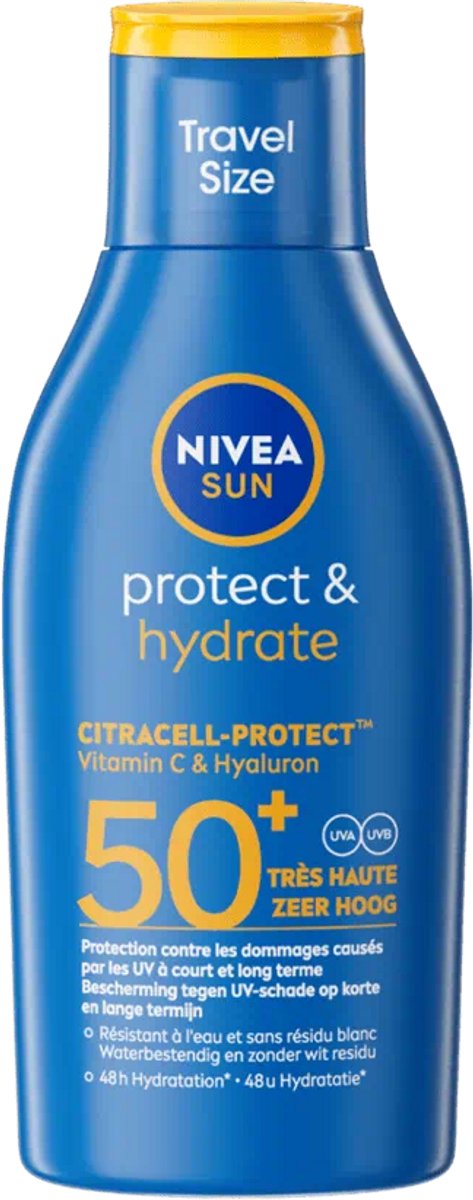 Goedkoopste NIVEA SUN Protect & Hydrate Travelsize Zonnebrand SPF 50 - Mini Zonnebrand - Zonnecrème Waterbestendig - 100 ml