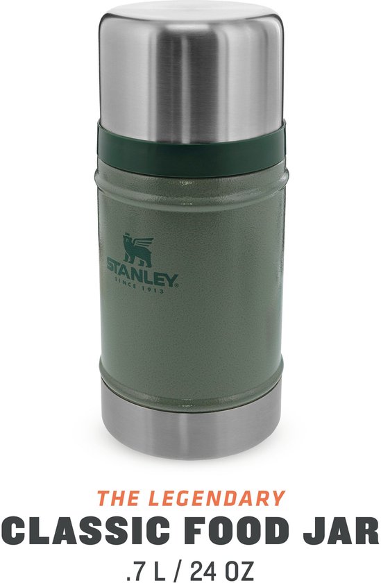 Un pot alimentaire Stanley vert forêt avec couvercle argenté, le texte 'The Legendary Classic Food Jar .7 L / 24 OZ'.