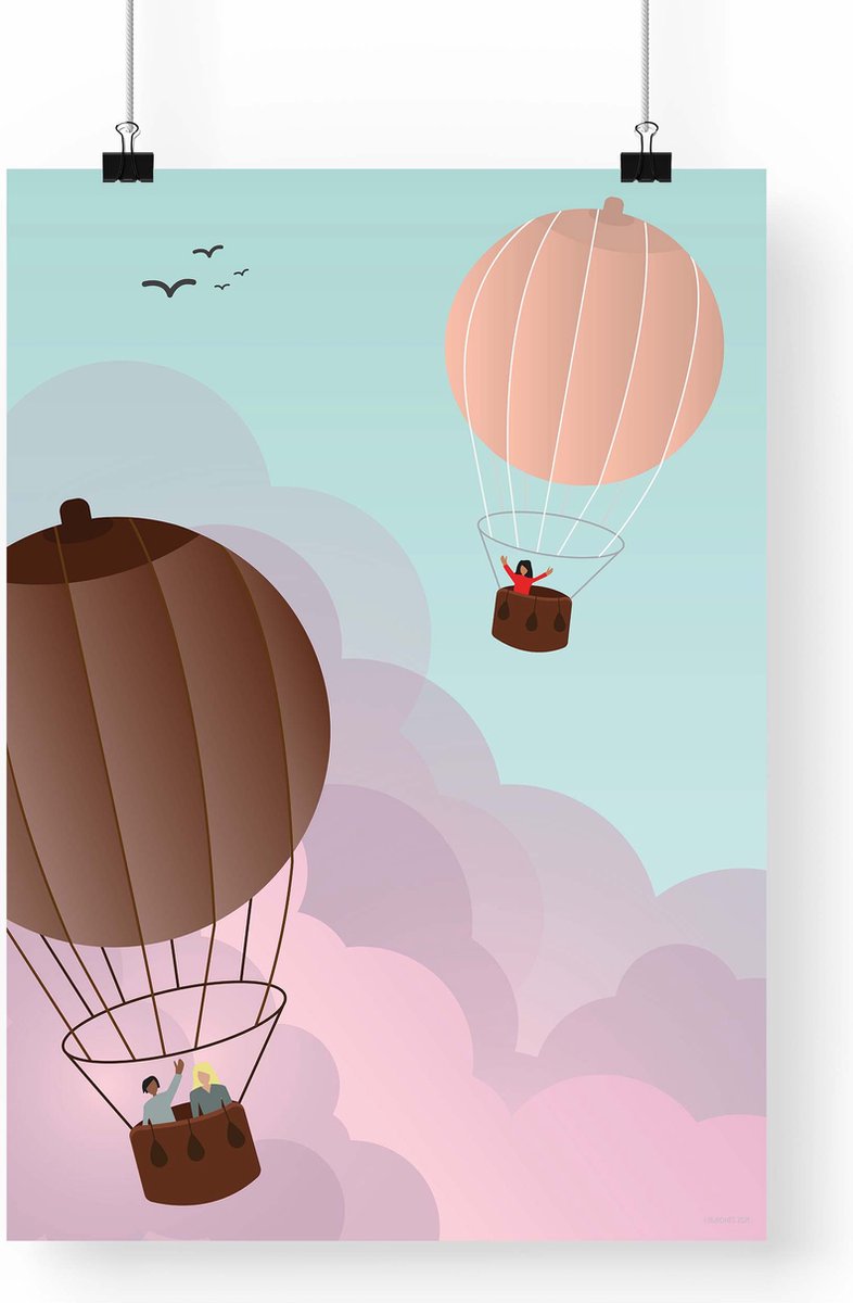 Artprint Heteluchtborsten - Luchtballon illustratie in A3 formaat - Poster heteluchtballonnen in de vorm van borsten
