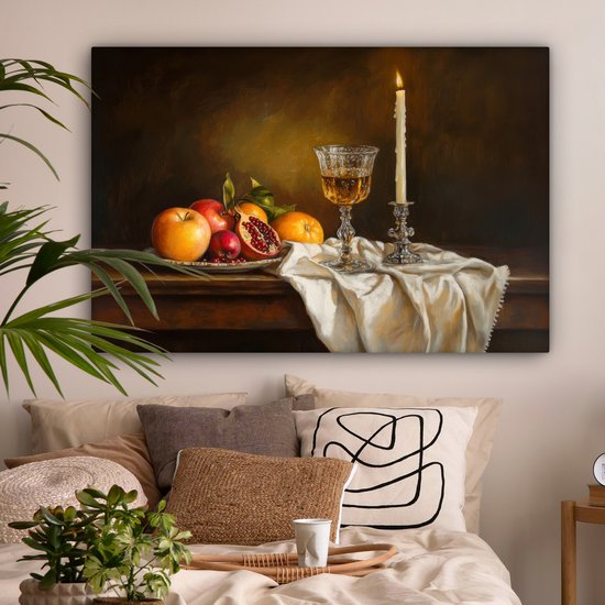 Peinture sur toile 140x90 cm - Décoration murale Fruits - Nature morte - Vin - Bougie - Décoration murale murale salon - Décoration chambre - Accessoires de chambre - Peintures sur toile