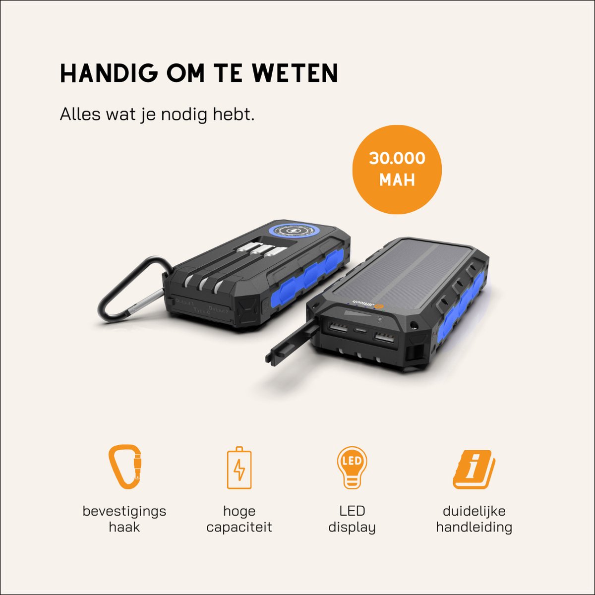 JIR Solar Powerbank 30.000 mAh met Ingebouwde Kabels - afbeelding 3