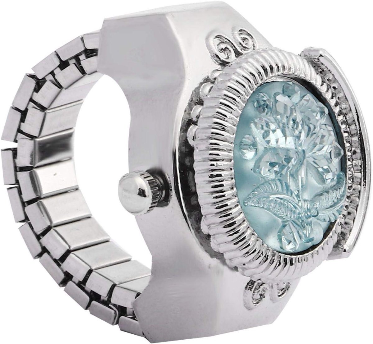 Vingerringhorloge opklapbare deksel rond roze bloem damesvinger quartz horloge - rekbare horlogeband - uniek en modieus - blauw meer .