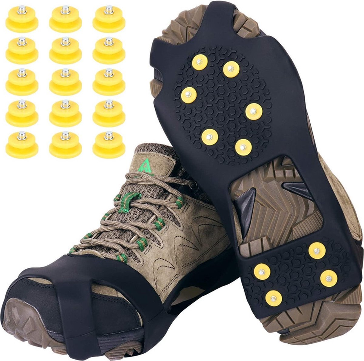 Crampons, antislip op schoenen/laarzen, 10 sneeuwpoppen grip spikes met 15 vervangende sneeuwnoppen - antislip bescherming - unisex - geschikt voor wintergroen wandelen en joggen - M (35-42) - zwart-M