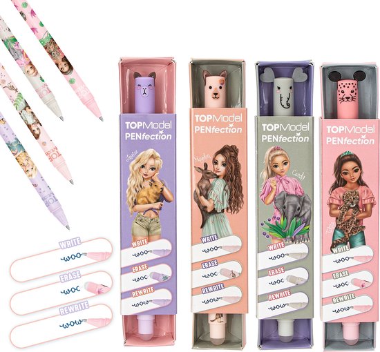 Ensemble de quatre stylos Topmodel avec différentes filles TOPModel et animaux.