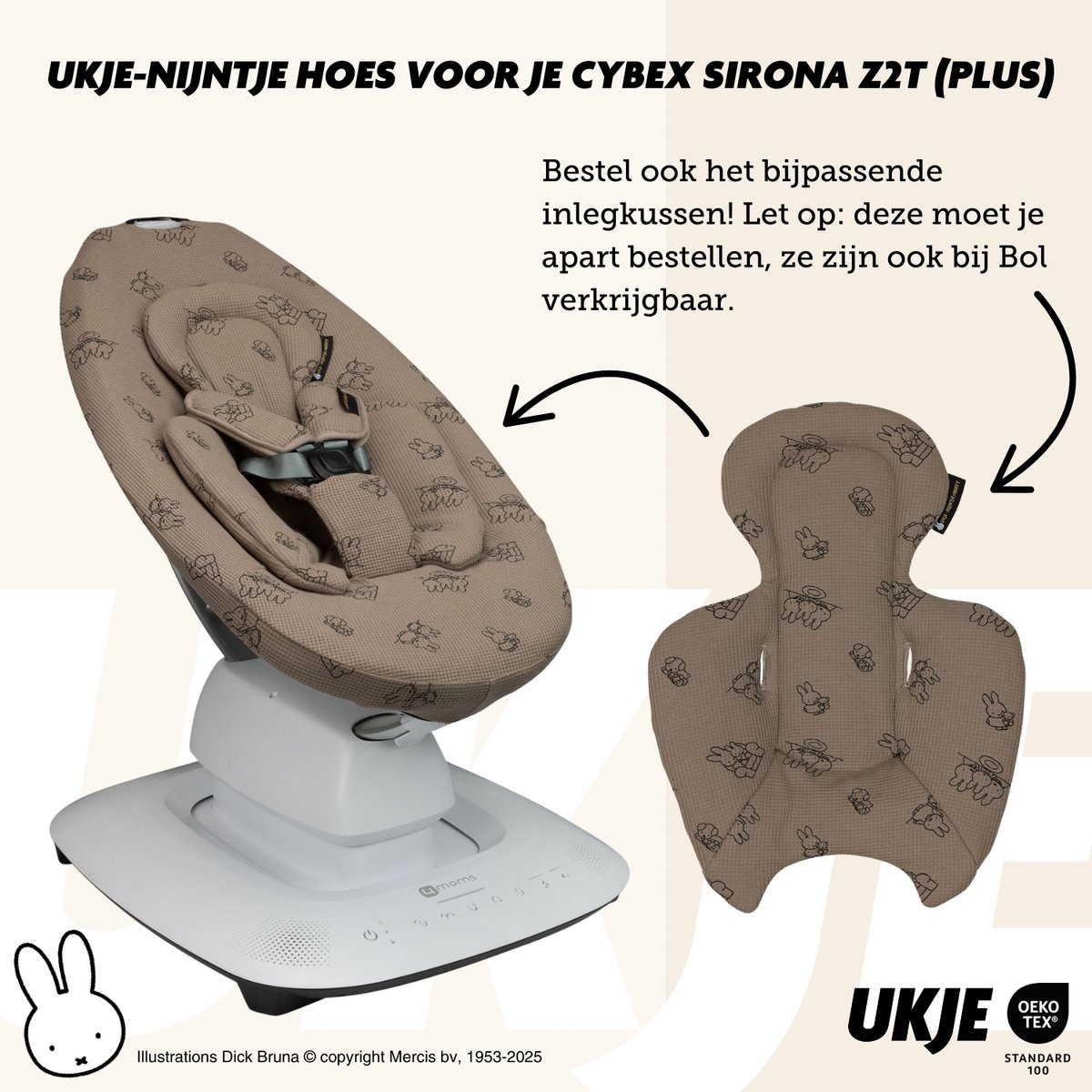Ukje-Nijntje Wipstoelhoes geschikt voor 4Moms Mamaroo 5 Rockaroo Wipstoel - Hoes met Waterdichte Voering ter Bescherming van je Stoel - Perfecte Pasvorm - Met Gordelbeschermers - Makkelijk Wasbaar - Zacht Katoen - Taupe Nijntje – foto 2