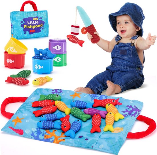 Montessori Speelgoed - 10 in 1 stoffen visspel voor kinderen Babyspeelgoed - voor 1 2 3 jaar oude jongens en meisjes - met stapelbekers - Nummer tellen - Kleur sorteren - Vorm leren babycadeaus - kindercadeaus - kinderspeelgoed