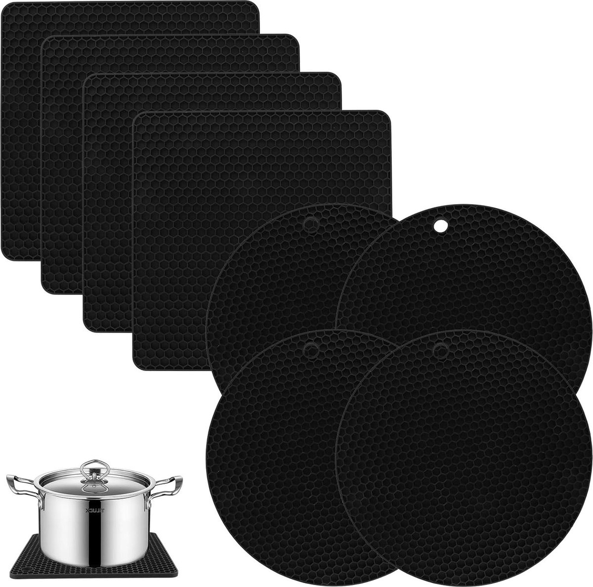 Siliconen pannenonderzetters - vaatwasmachinebestendig - 8 stuks - zwart - silicone