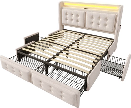 Sweiko Lit double - 140x200cm - éclairage LED- fonction chargement USB type C - 4 tiroirs - sans matelas - beige