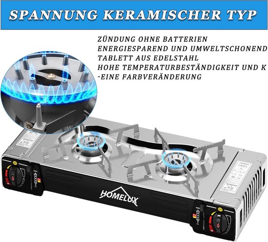 Borvat® - Homelux - Camping Kookstel - Kooktoestel - Kampeer kookstel - Gasstel - Gaspit - Kookplaat - Elektronische ontsteking - 2 Pits - 12 Gasflessen van Borvat — afbeelding 4