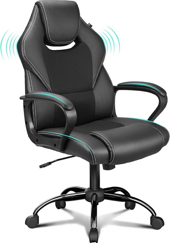 Meisterhome® Ergonomische bureaustoel - Metalen Onderstel - met wieltjes - - Gamestoel – Draaistoel – Wipfunctie – Hoogteverstelling - Gevoerde armleuningen - Executive stoel - Zwart