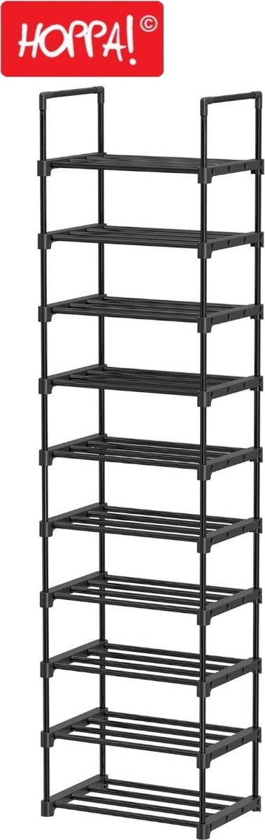 Hoppa! Metalen schoenenrek met 10 planken, zwart - 45,5 x 30,5 x 175 cm (B×D×H)