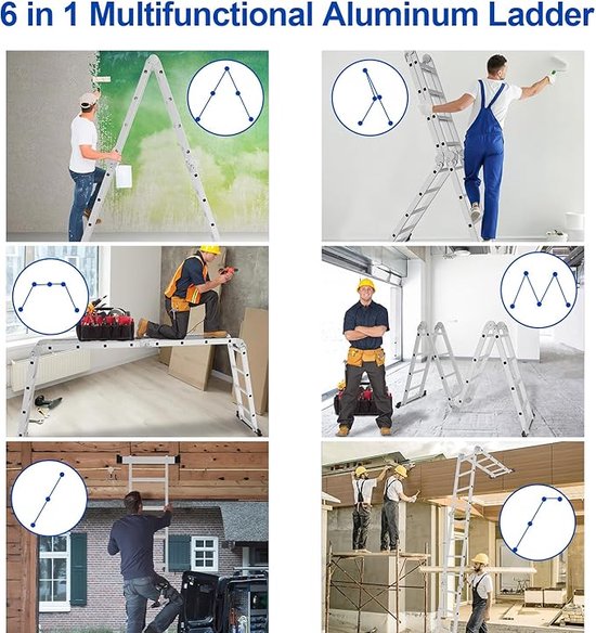 Sonnewelt Multifunctional Ladder 4 x 4 Steps - Aluminum, 4.7 m With Platform and 2 Scaffolding Plates - Stepladder Up to 150 kg, Folding Ladder, 16
