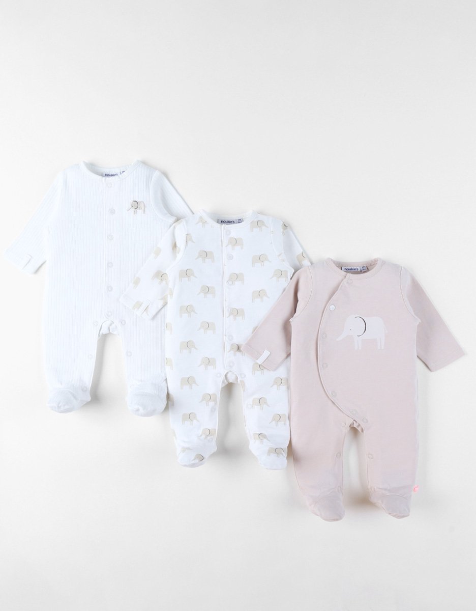 Noukie's - 3 Pack - Pyjama's - Jersey - Unie - Off white , beige - Olifant - 1 maand 56