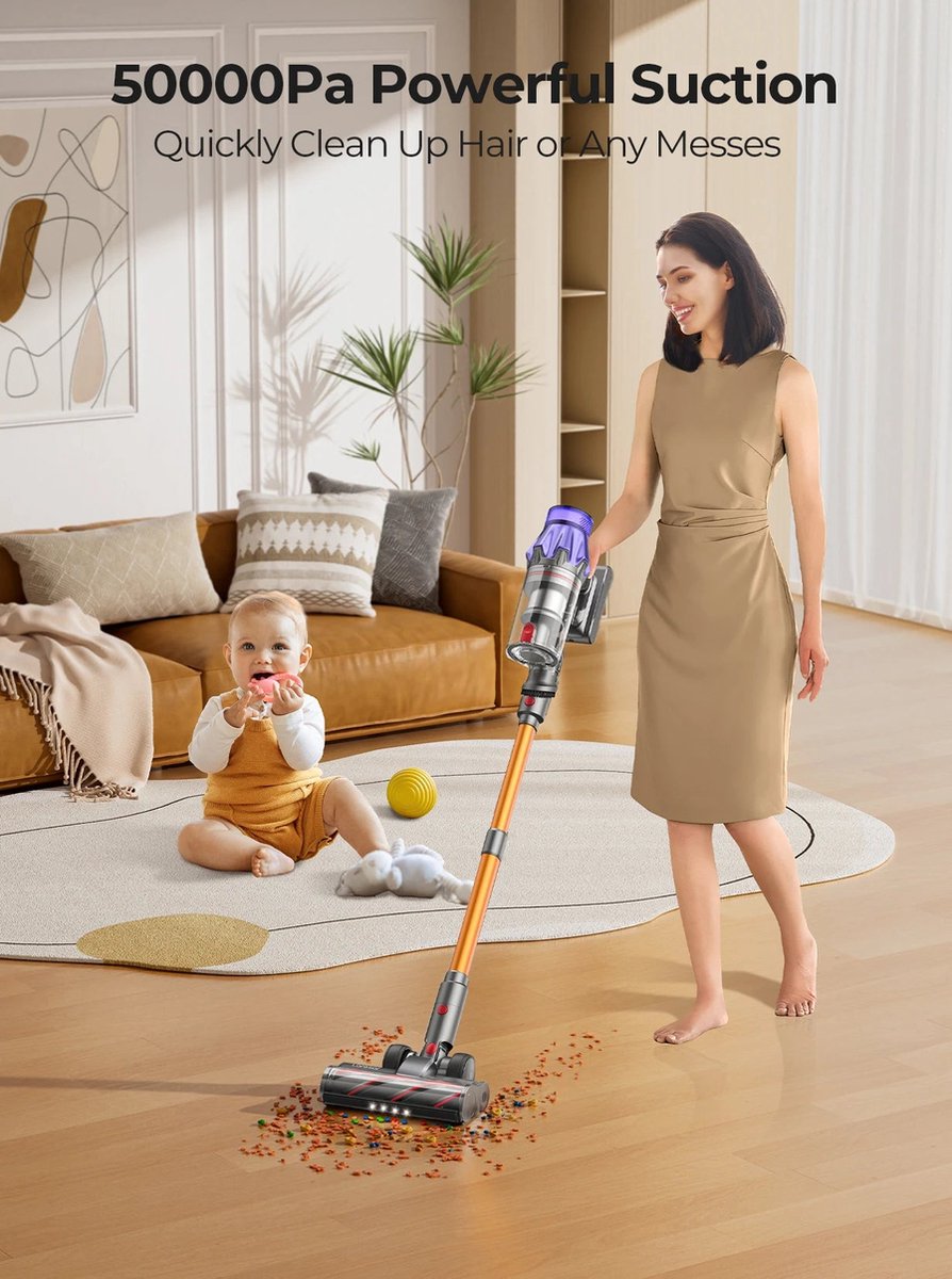 Snoerloze steelstofzuiger - Snoerloze stofzuiger - Stofzuiger - Stokstofzuigers - Stofzuiger - 500W - 50000PA Zuigkracht - met Stofbeker, Uitneembare Batterij
