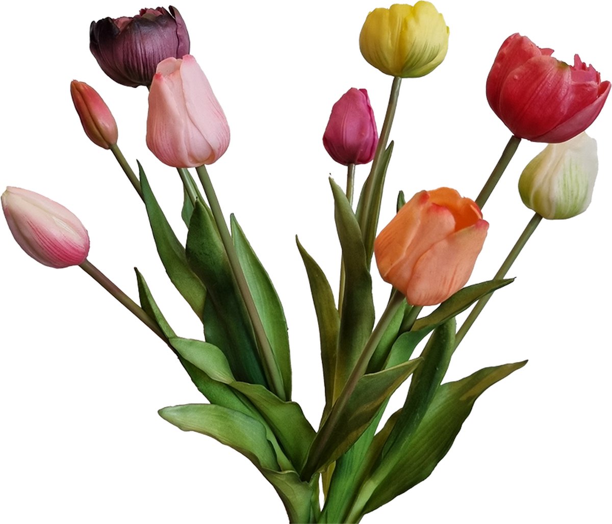 Viv! Home Luxuries Tulpenboeket - 9 stuks - kunststof bloem - 44cm - roze paars perzik wit geel Multi