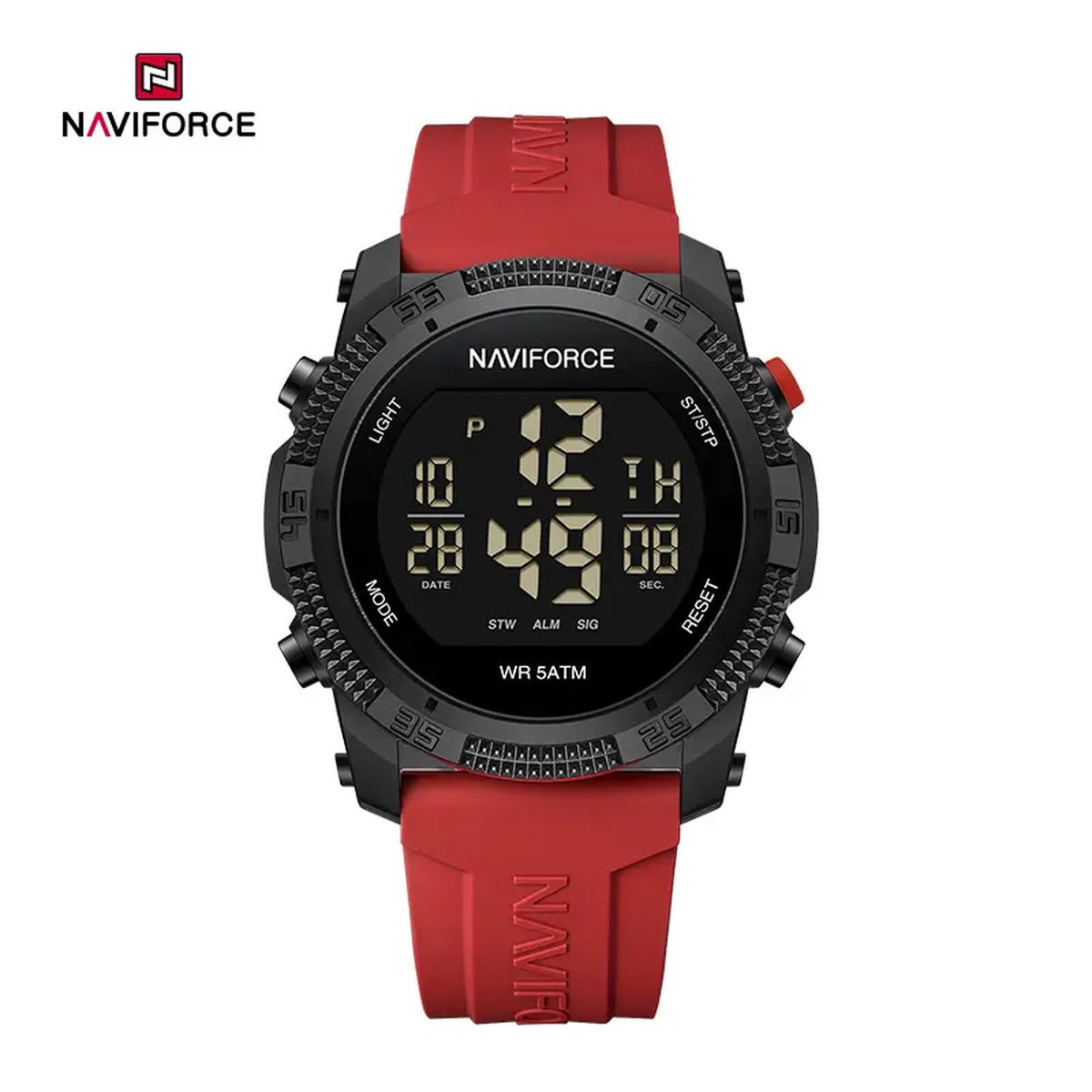 NAVIFORCE digitaal horloge voor mannen, met rode silica polsband, zwarte uurwerkkast en zwarte wijzerplaat ( model 7104 BR ), verpakt in mooie geschenkdoos