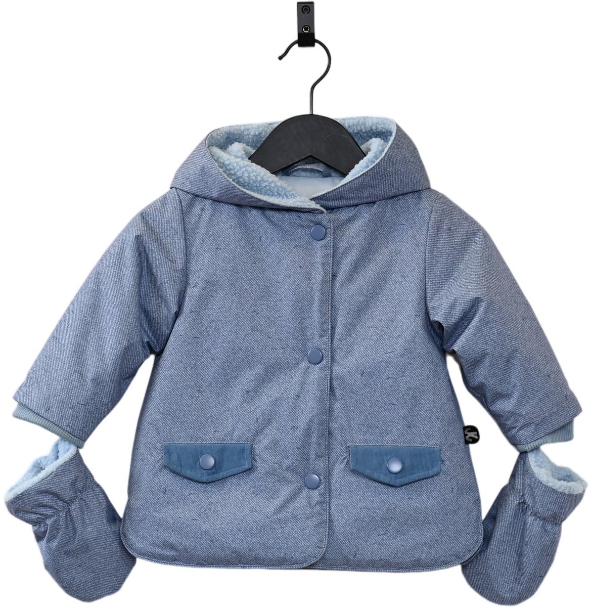 Ducksday - winterjas voor baby - waterdicht - lightgewicht - fleece - afneembare wantjes - peuter - unisex - Jeans blauw - Joe- maat 80