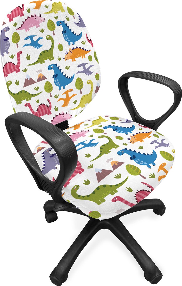 New Bed Dino Kleurrijke Dinosaurussen Stoelhoes voor Bureaustoel, Rekbare en Wasbare Stoffen Hoes, Standaardmaat