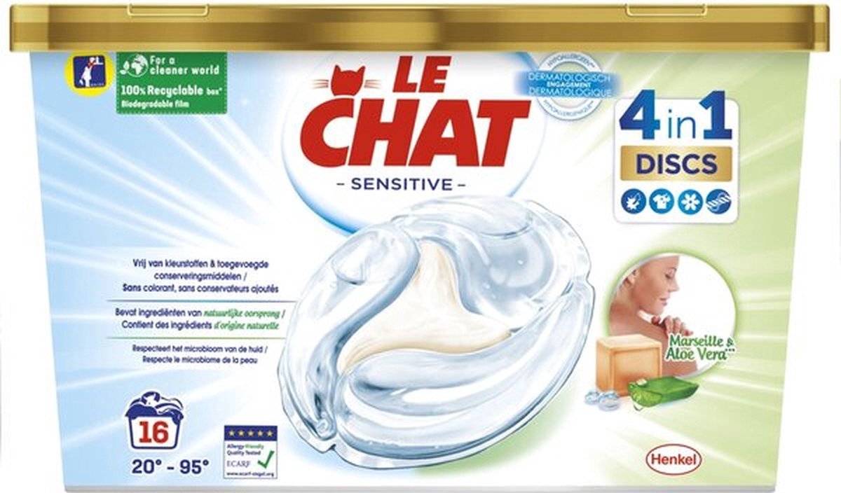 Le Chat Sensitive - Wasmiddelcapsules - Witte en Gekleurde Was - Marseille & Aloë Vera - 16 Wasbeurten
