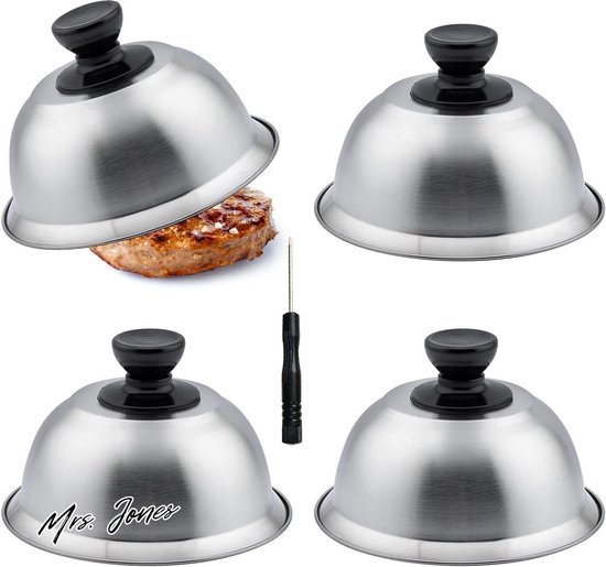 Set De 4 Cloches De Cuisson Inox + Tournevis - Pour Hamburgers, Steaks, Fromage (16cm) - Poignée Anti-chaleur - 8