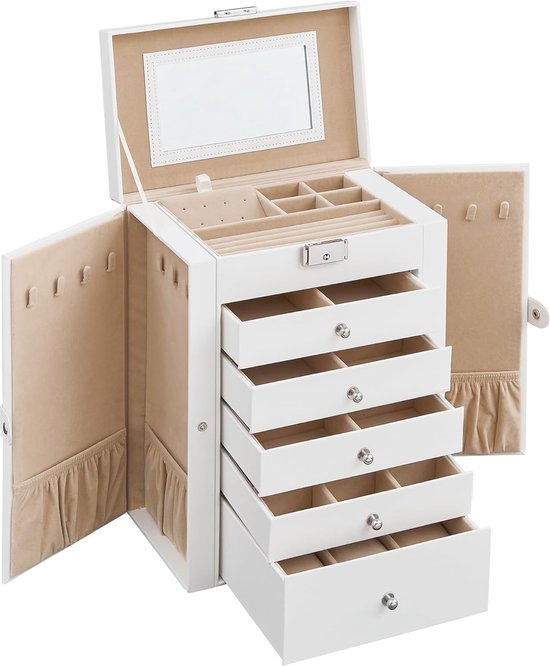 Grande boîte à bijoux, boîte à bijoux 6 couches avec ailes latérales, tiroirs, miroir et fermeture, pour bracelets, boucles d'oreilles, bagues, colliers, montres, idée cadeau, blanc