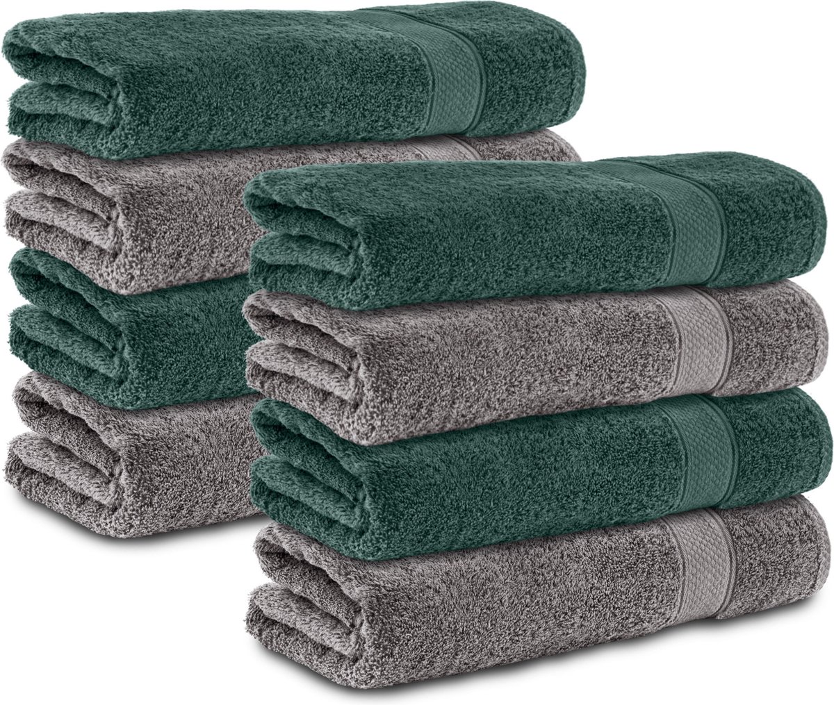 Komfortec 8x Handdoek 70x140 - 100% Katoen – Handdoekenset - Zacht - Anthrazit-Dunkelgrun