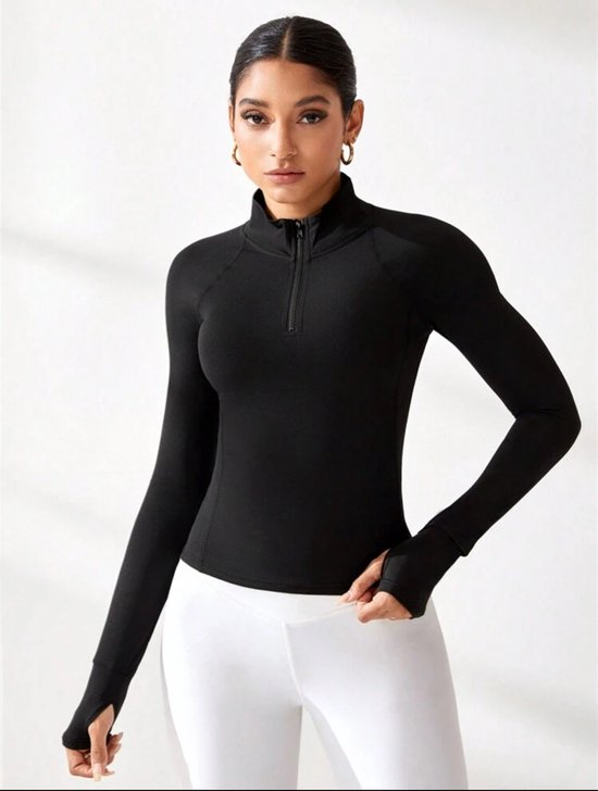 Foto: Sportjack sportshirt sporttop trainingsjack trainingsshirt trainingstop hardloopshirt fitness longsleeve lange mouwen ademend afslankend getailleerd slim fit 1 4 zip halve rits hoge hals zwart s m