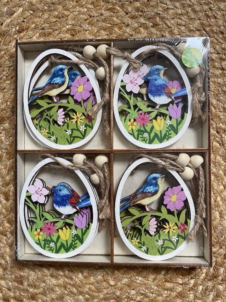 Schattige houten vogel / eieren figuren - Happy Easter - Paasdecoratie | Bloemen hout - Hanger - Paashangers | | Decoratie kinderkamer - Versiering | Geboorte - Baby - Babyshower | Guirlande - Banner | Pasen - Paashaas - Haas | Set van 12 stuks!