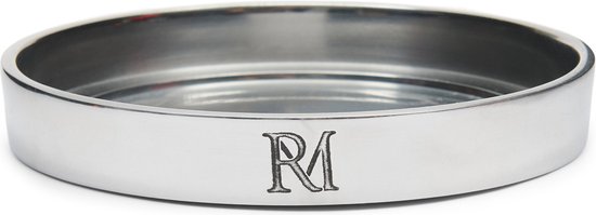 Zilverkleurig rond kaarsenbord van aluminium met RM logo.