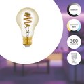 Gouden LED-lamp met spiraalfilament, E27 fitting, dimbaar en instelbaar wit licht.