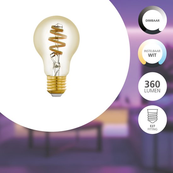 Gouden LED-lamp met spiraalfilament, E27 fitting, dimbaar en instelbaar wit licht.