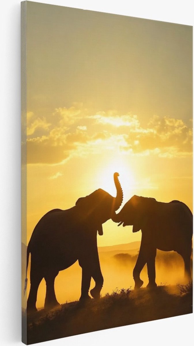 Saammp Canvas Schilderij - 2 spelende olifanten - Zonsondergang - Natuur - Dieren - 20x30 - Foto op canvas - Wanddecoratie - Muurdecoratie Woonkamer - Slaapkamer decoratie - Canvas Print Multicolor