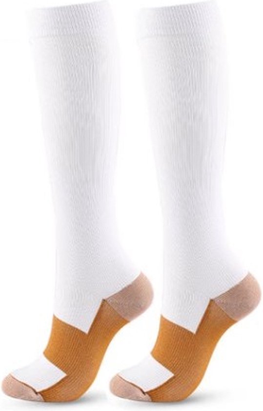 Jumada's Steunkousen / Compressiekousen - Elastische Hardloop / Sport / Vliegtuig Compressie Sokken - Reissokken / Reis Kousen - Running Travel Socks - Heren / Dames - Set Van 1 Paar - Steunkousen Kopergeweven - Maten L/XL - Wit/Bruin