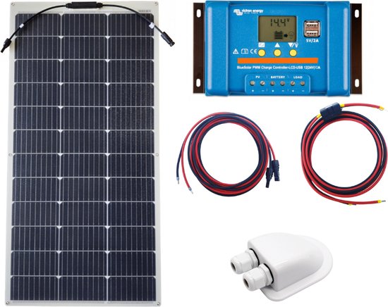 Set Flexibel Zonnepaneel 110Wp 12V Caravan, Camper, Boot, Tent of Tuinhuisje - Victron Energy BlueSolar PWM 10A LCD&USB laadregelaar - Zonnepaneel Compleet Pakket - Dakdoorvoer - P