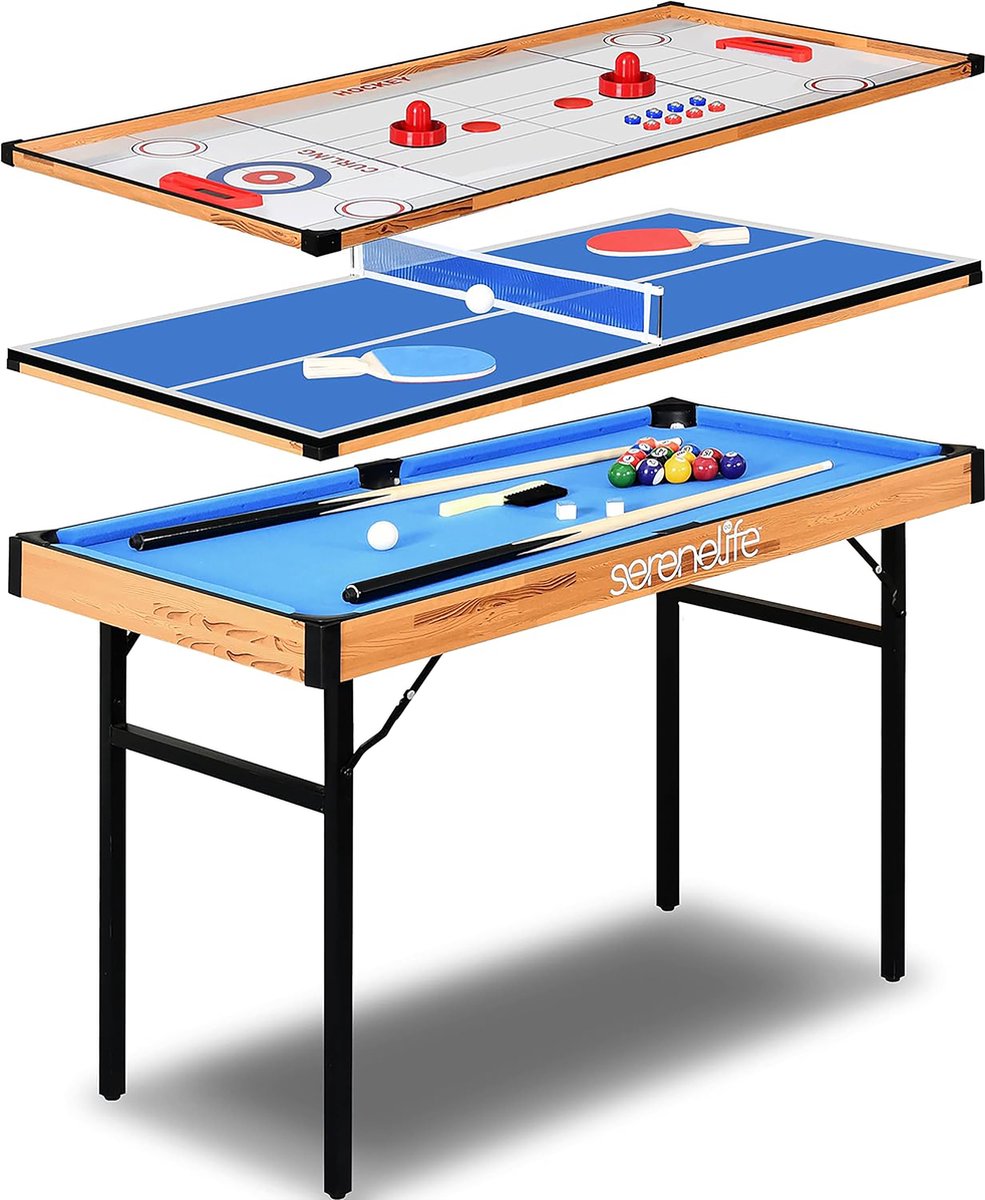 SereneLife Multi Game Tafel 4-in-1 - Multifunctionele Speeltafel-Opvouwbare Arcade Spellen met Accessoires-Tafeltennis-Air Hockey- Pool/Biljart en Shuffleboard
