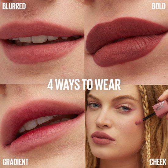Collage toont 4 manieren om Maybelline Superstay Teddy Tint te dragen: wazig, gedurfd, gradiënt en op de wang.
