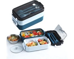 Bento Box met Soepkom, RVS Tray en Bestek Blauw - Lunchbox - Bento Box - Lunchbox volwassenen - Lunchboxen - Lunchbox Kinderen - Lunchbox Met Vakjes - Luchtdicht en Lekvrij- BPA vrij - Incl. Receptenboekje Bij De Factuur