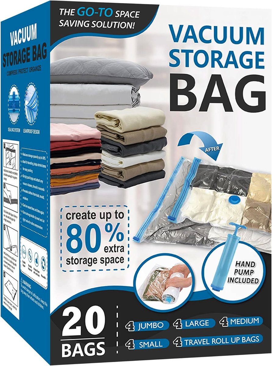 LitaLife - Vacuumzakken – Bespaar 80% Ruimte | 20 pack | Herbruikbare Vacuum zakken voor Kleding, Dekbedden, Beddengoed & Reisbagage | Luchtdichte & Waterdichte Compressiezakken met Handpomp