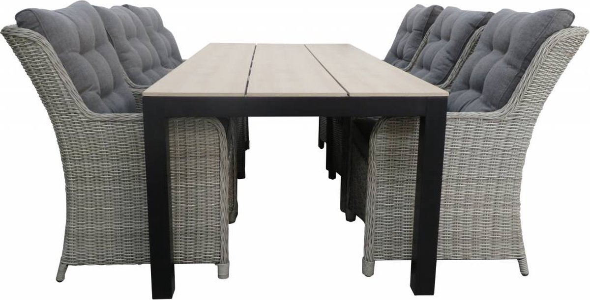 Tuinset met 6 Dublin tuinstoelen en 225cm Cyprus tuintafel in MG en hout.