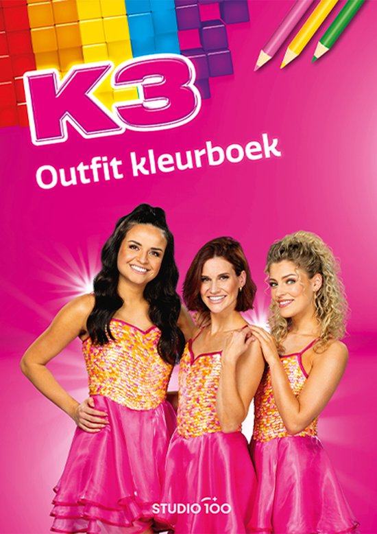 Trois membres de K3 en robes à paillettes avec volants roses. Livre de coloriage K3 Outfit avec blocs colorés et crayons.