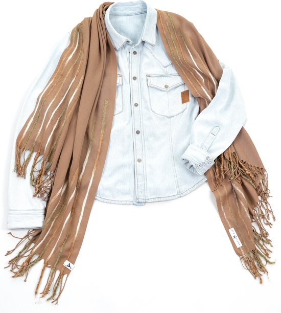YELIZ YAKAR - Handmade in Nederland -pashmina sjaal met handgemaakte wol punch “Capra VI”- bruin, groen, beige- enkel exemplaar - cadeau vrouw
