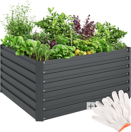 tectake® Verhoogde Plantenbak Blomma - Bloembakken voor buiten Rechthoekig - Inclusief Werkhandschoenen - Verzinkt Staal - Stabiel en Weerbestendig - 120 x 100 x 56 cm - Tuinbed voor Kruiden, Groenten en Bloemen - Antraciet